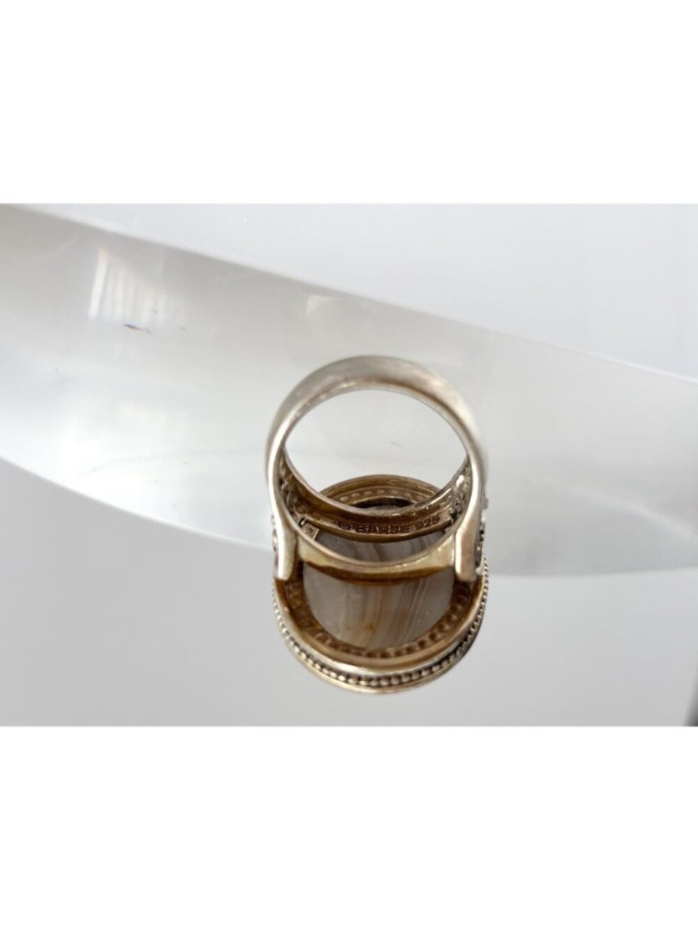Grey Banded Agate Polished Cabochon Sterling Silver 925 Vintage Ring - sz 8 - Picture 8 of 16